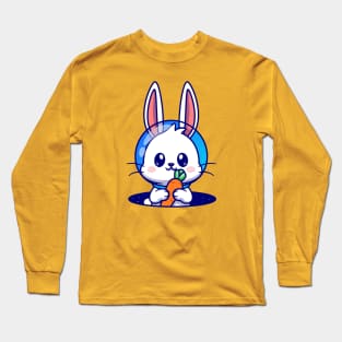 Cute Astronaut Rabbit Holding Carrot In Space Cartoon Long Sleeve T-Shirt